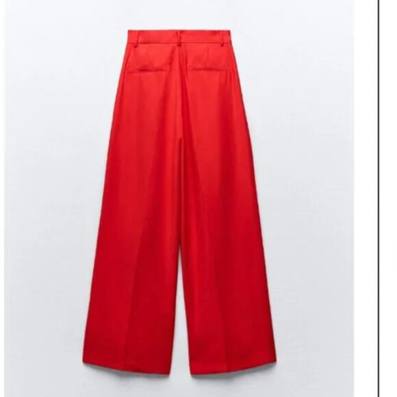 NWT ZARA FLOWY PLEATED PANTS BRIGHT RED - Picture 7 of 8